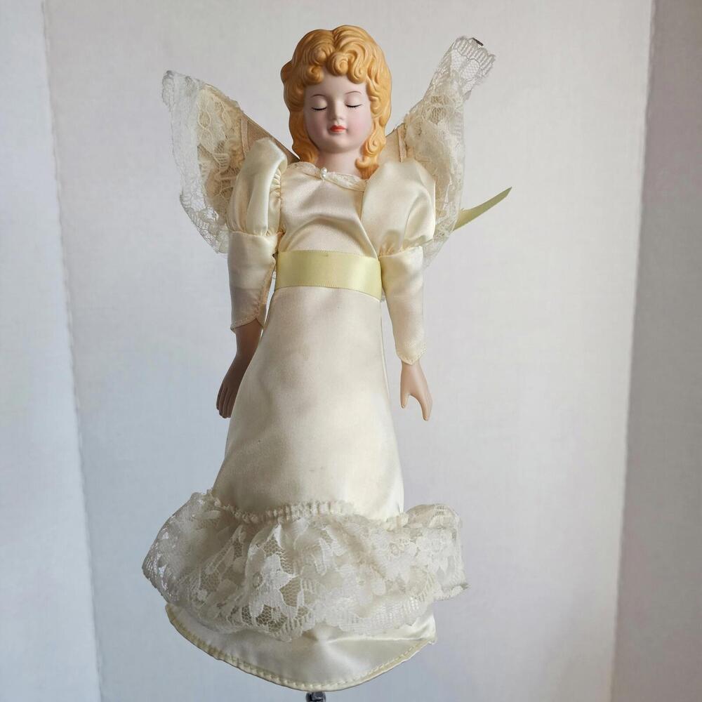 Russ Bone China Angel Tree Topper Hand Painted Satin Dress VINTAGE